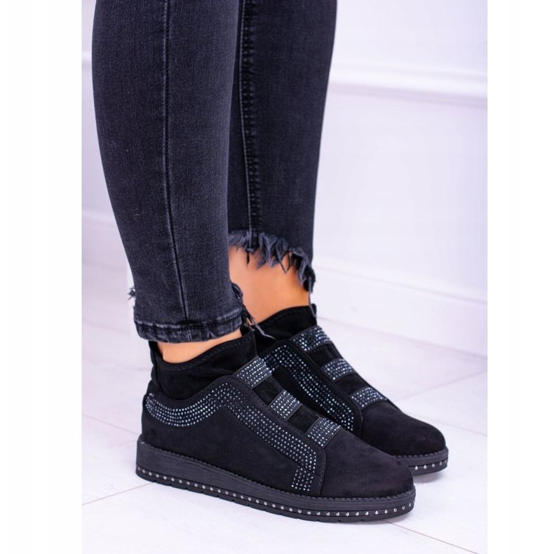 PS1 Pantofi sport de damă negri din piele de căprioară cu zirconiu cubic mic negru 1