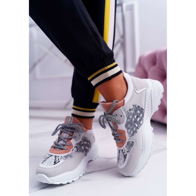 NFR Încălțăminte sport pentru femei Talpă înaltă Roz Piele de șarpe Chillout gri 2