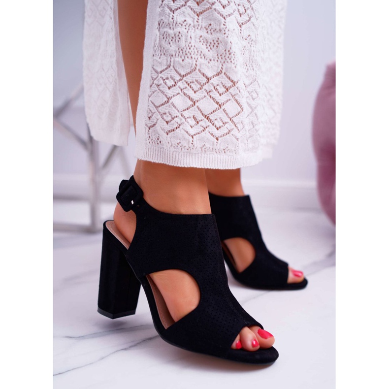 HAN Sandale de damă pe toc deschis Suede negru HiBaby 1