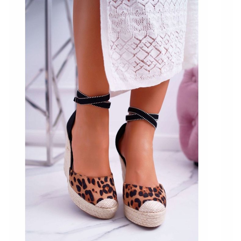 FB2 Sandale de damă pe o pană de in, leopard Canterola maro negru 2