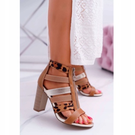 FE1 Sandale pentru femei pe toc Elegant cu fermoar pe partea din față maro 1