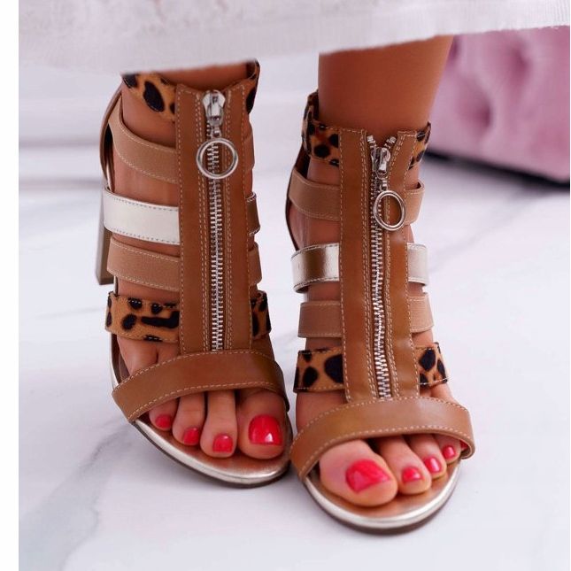 FE1 Sandale pentru femei pe toc Elegant cu fermoar pe partea din față maro 2