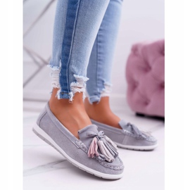 EVE Mocasini de damă, piele de antilopă cu franjuri, batist gri 1