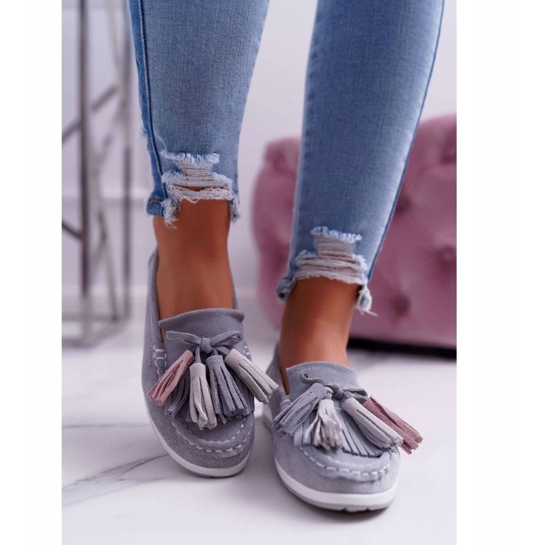 EVE Mocasini de damă, piele de antilopă cu franjuri, batist gri 2