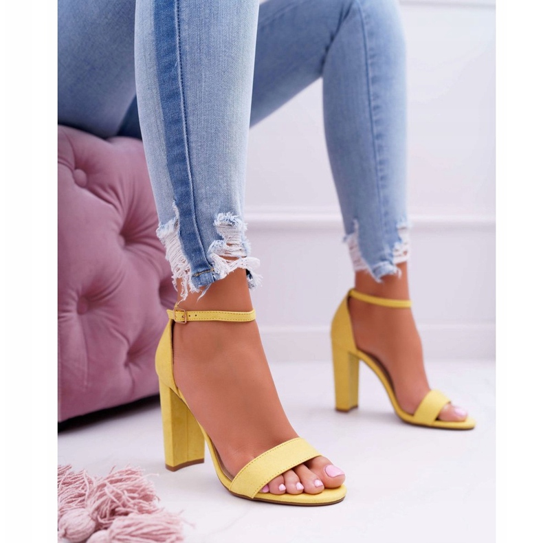 ADY Sandale de damă pe toc piele de căprioară galben Anastasie 1