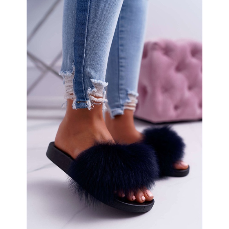 Papuci de dama cu blana naturala Naturis Blue Navy albastru marin 1