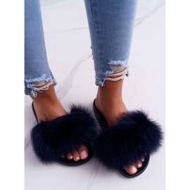 Papuci de dama cu blana naturala Naturis Blue Navy albastru marin 2