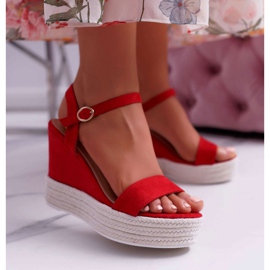 BUGO Sandale pentru femei pe o pânză de in Roșu Liviana 1