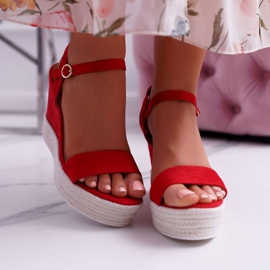 BUGO Sandale pentru femei pe o pânză de in Roșu Liviana 2