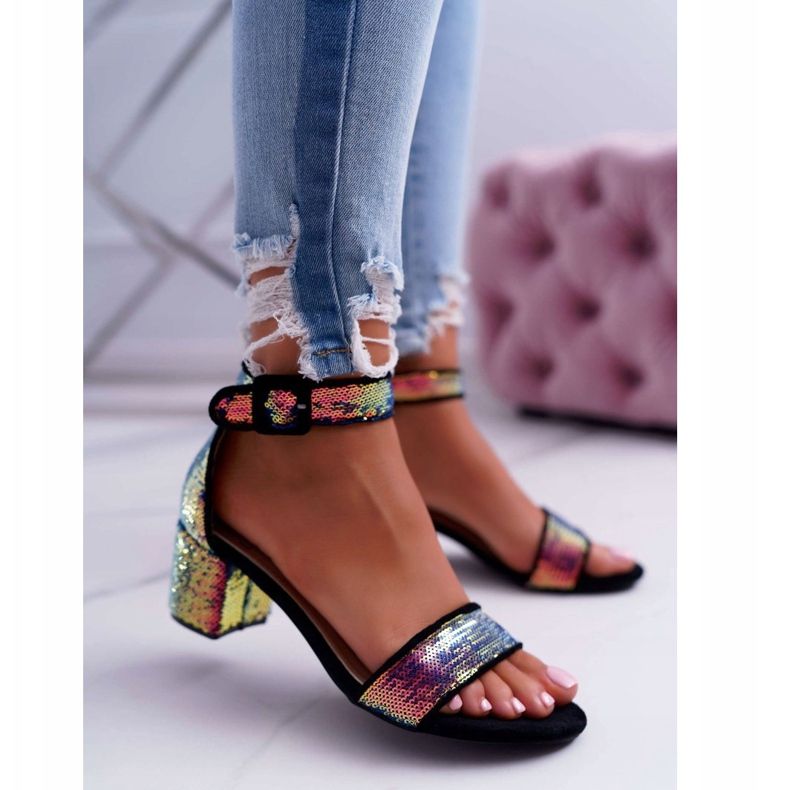 Sandale de damă cu toc înalt Lu Boo Paiete irizate de negru Tindal 2