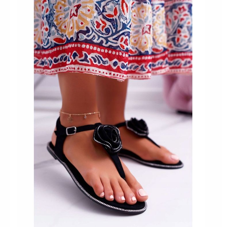 Sandale pentru femei Flip-flops Flori negre Ștrasuri Drave negru 1