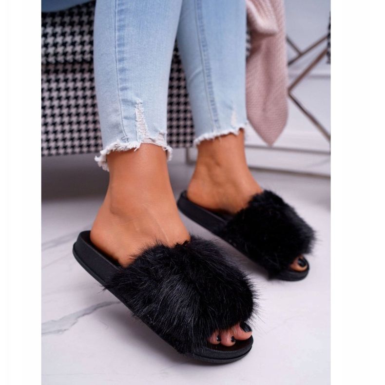 Flip -flops pentru femei cu blană neagră negru 1