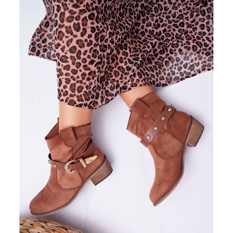 FRBS Cizme de damă cu toc plat Cizme de cowboy cu cataramă Camella Ewella maro 2