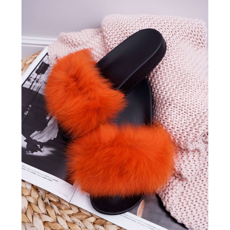 Papuci de damă cu blană naturală portocaliu Naturis portocale 2