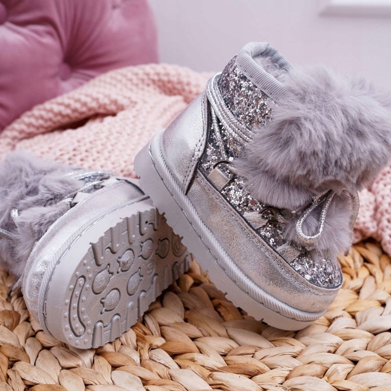 FRROCK Cizme de zăpadă pentru copii cu blană argintie Minnie Mouse gri 1