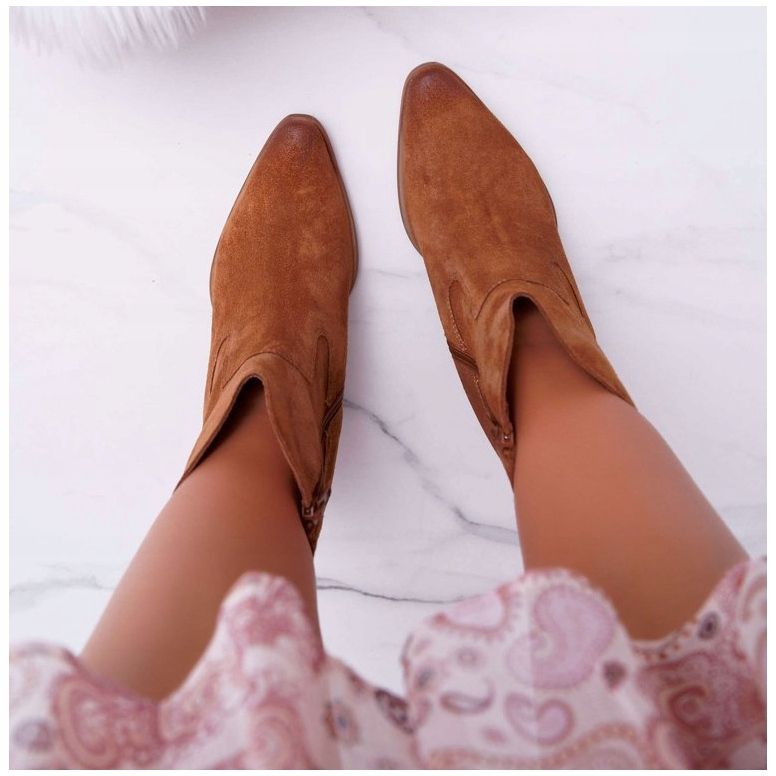 Cizme de damă pe toc înalt Piele de piele întoarsă Cognac Nicole 2433 maro 2