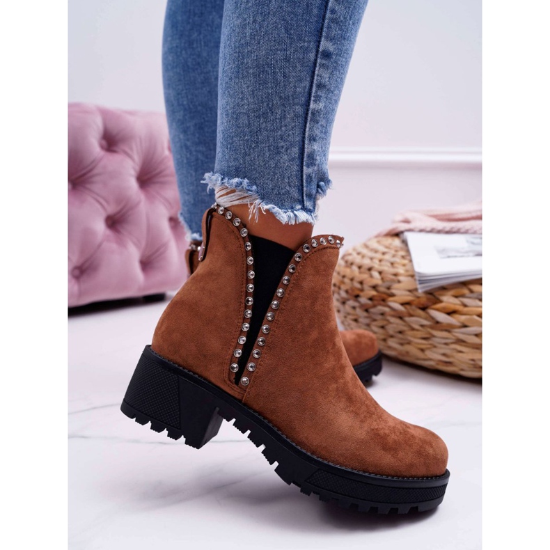 FRBS Cizme Chelsea pentru femei cu zirconiu cubic Camel Sissy maro 2