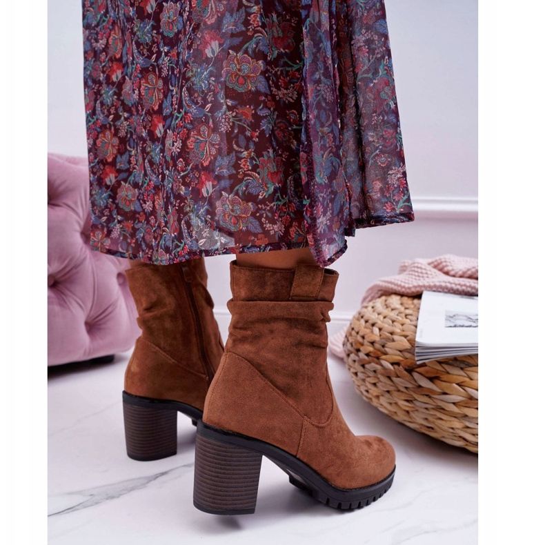 FB2 Cizme de damă cu toc piele întoarsă Camel Celma maro 2