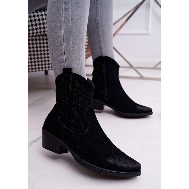 BUGO Cizme Cowboy Femei Suede Negre Ferders negru 1