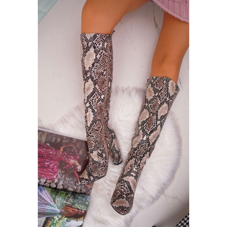 FRGIV Cizme pentru femei pe toc înalt Piele de șarpe Bej Brouny 1