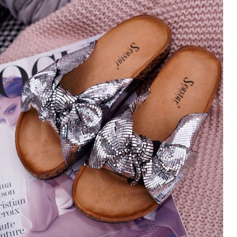 PS1 Papuci de damă cu arc metalic argintiu gri 1