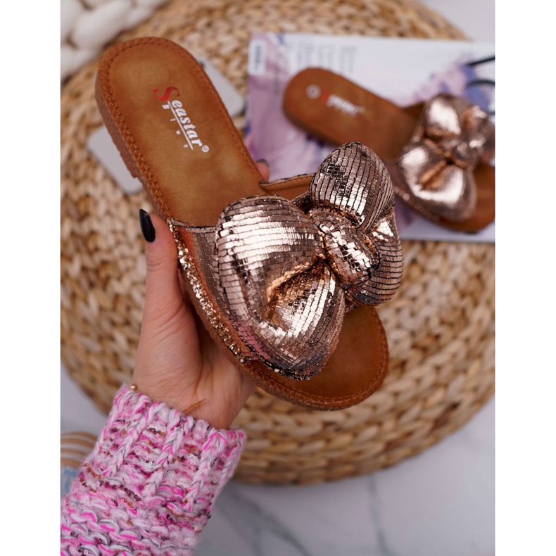 SEA Papuci de damă cu arc mare Șampanie Big Love multicolor 1