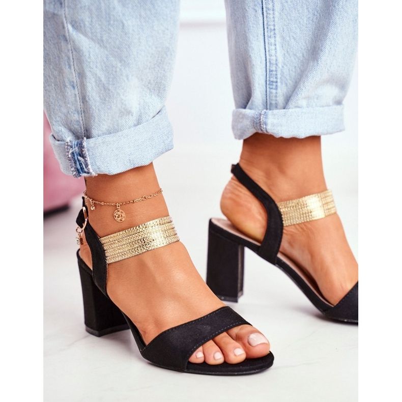 S.Barski Sandale de damă pe toc piele de căprioară negru Enjoy 1