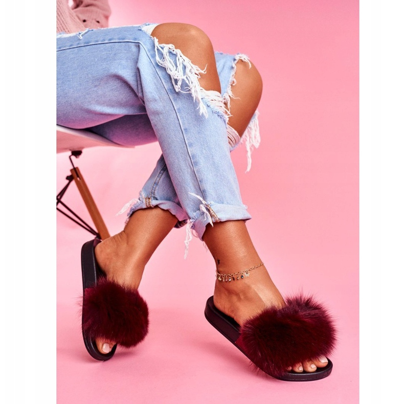 Papuci de damă cu blană naturală roșu închis Naturis 1