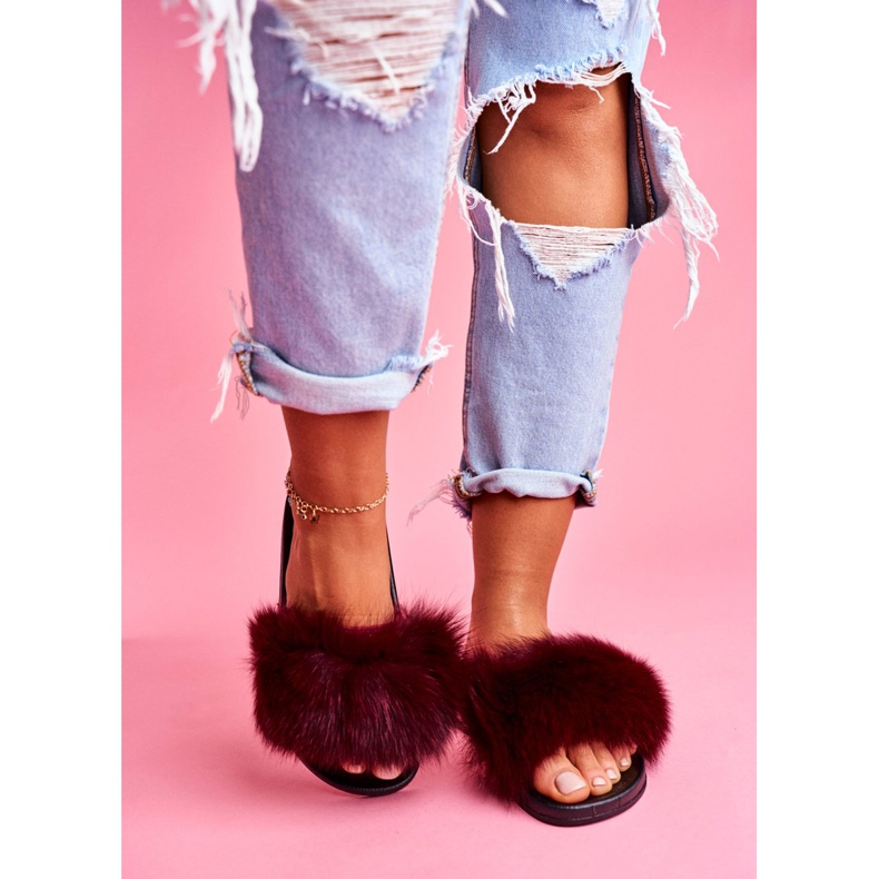 Papuci de damă cu blană naturală roșu închis Naturis roşu 2