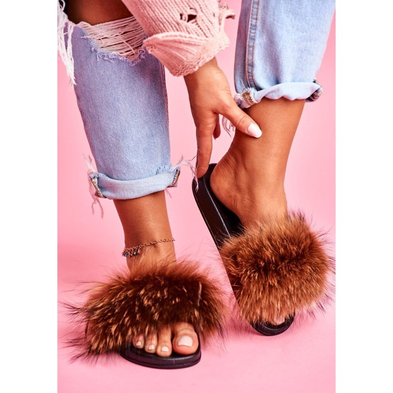 Papuci de dama cu blana naturala maro Naturis 2