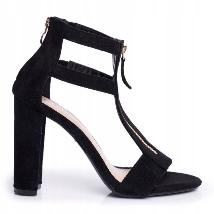 PS1 Sandale de damă pe toc piele de căprioară neagră negru 1