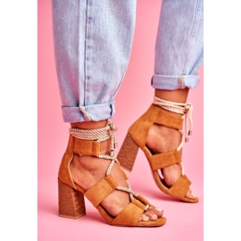 SEA Sandale de damă pe toc legat piele de căprioară Camel Amore maro 1