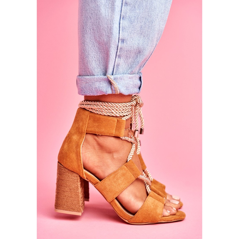 SEA Sandale de damă pe toc legat piele de căprioară Camel Amore maro 2