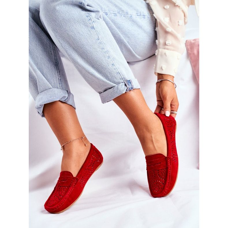 S.Barski Mocasini de damă cu piele ajurată Red Salem roșu 2