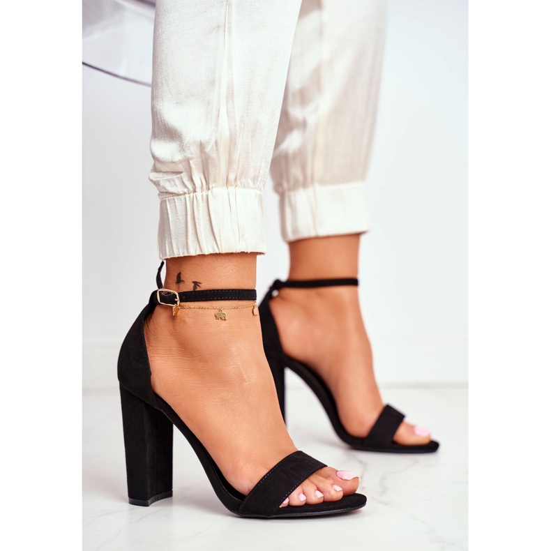 ADY Sandale de damă pe toc piele de căprioară negru Anastasie 1