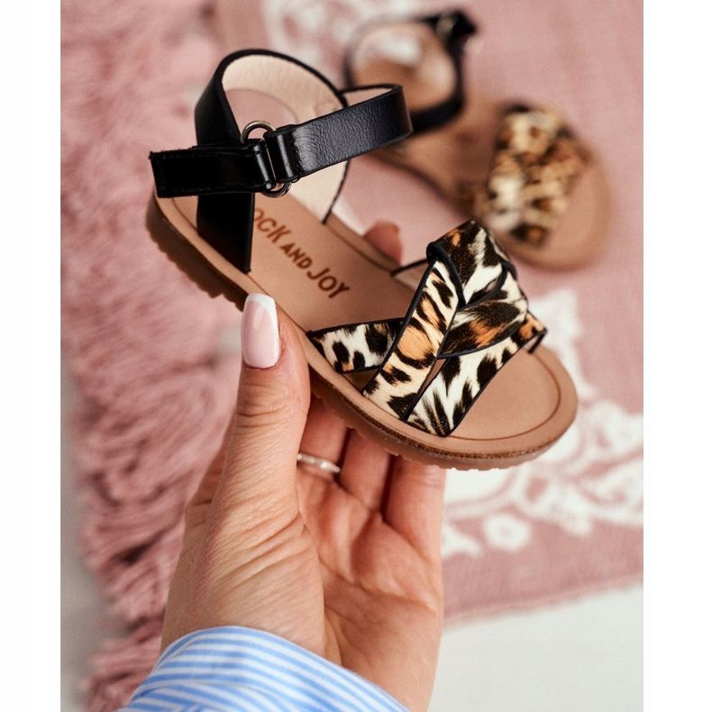 FRROCK Sandale pentru copii cu velcro pentru fete Leopard Mimi negru 1