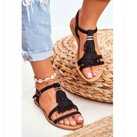 FRJ Sandale de damă din piele de căprioară plată Boho negru Lucami 2