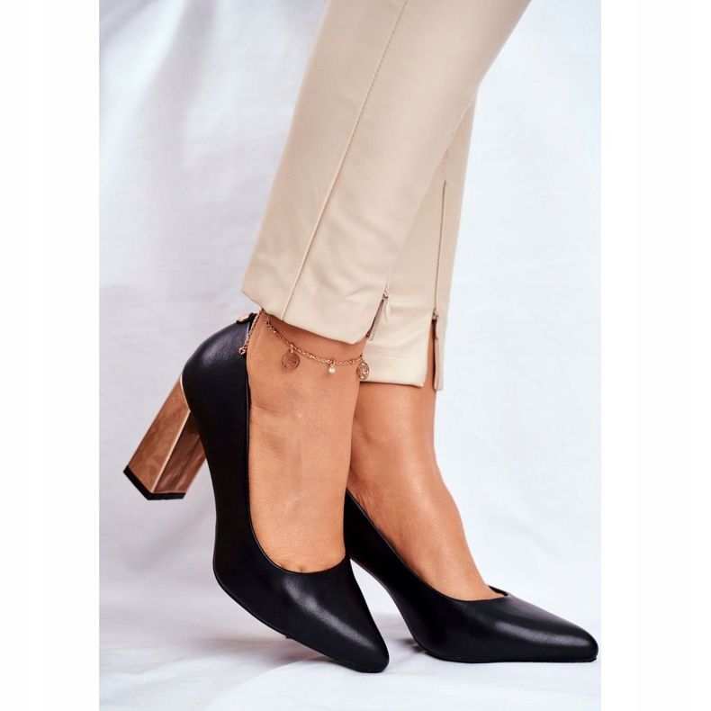 Pumps pentru femei pe toc auriu Sergio Leone Black PB216 negru 1