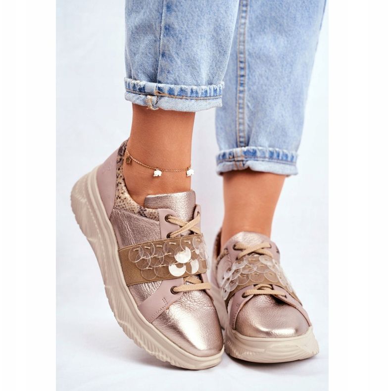 Încălțăminte sport Adidași din piele pentru femei Maciejka 04448-25 bej multicolor de aur 2