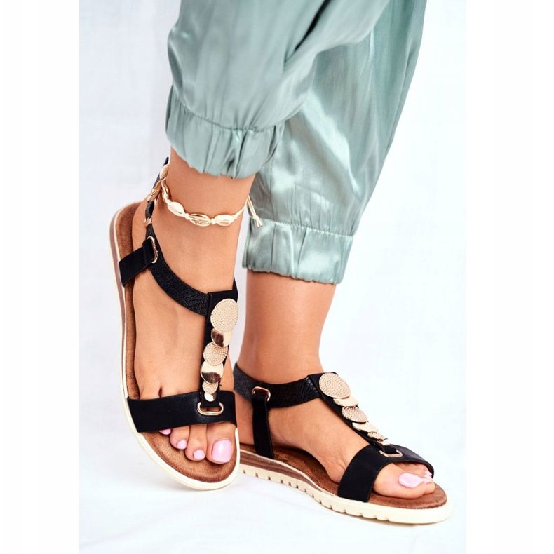 EVE Sandale plate negre pentru femei, cu decorațiuni Milton negru 2