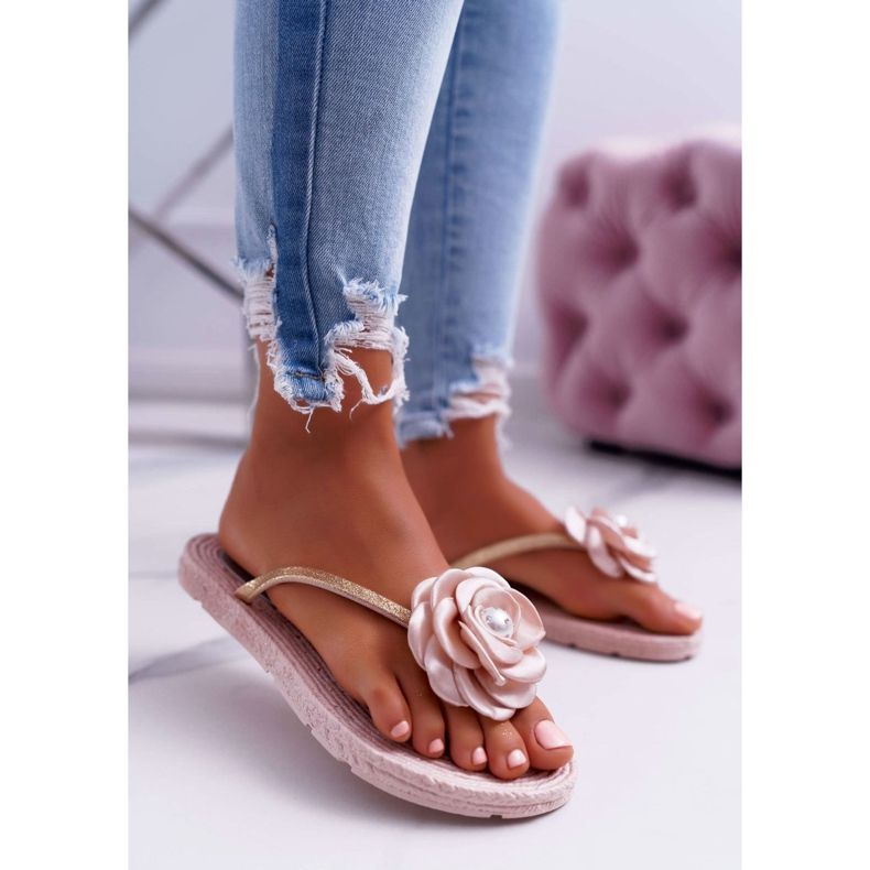 Papuci de damă Flip-flops Beige Flower Glitter Elenda bej 1