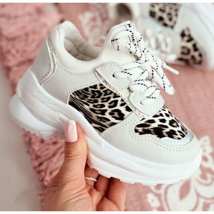 FRROCK Pantofi sport copii pentru copii, cu imprimeu leopard alb gri 2