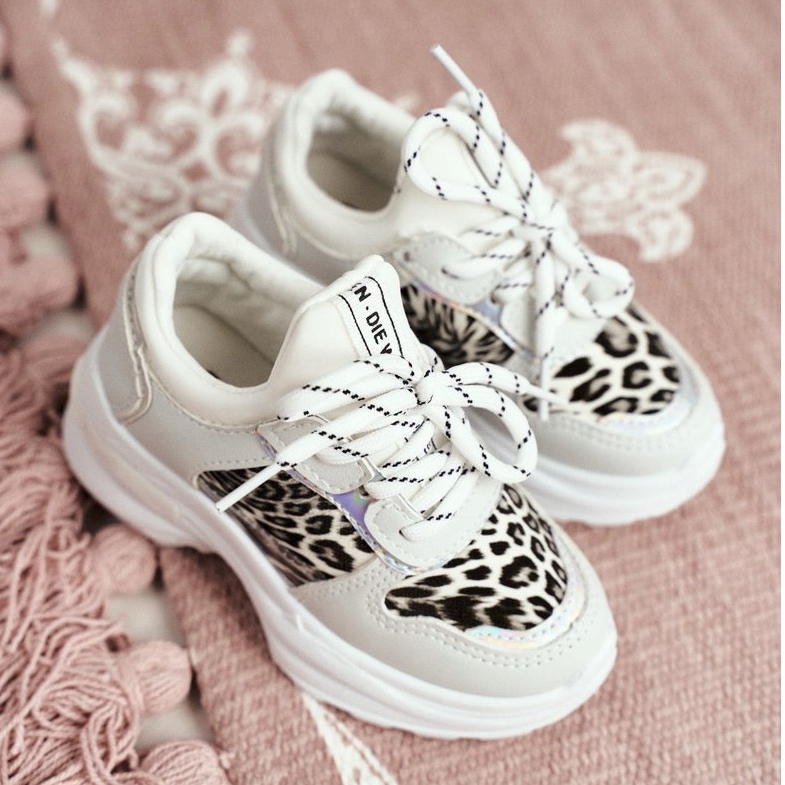 FRROCK Pantofi sport copii pentru copii, cu imprimeu leopard alb gri 1