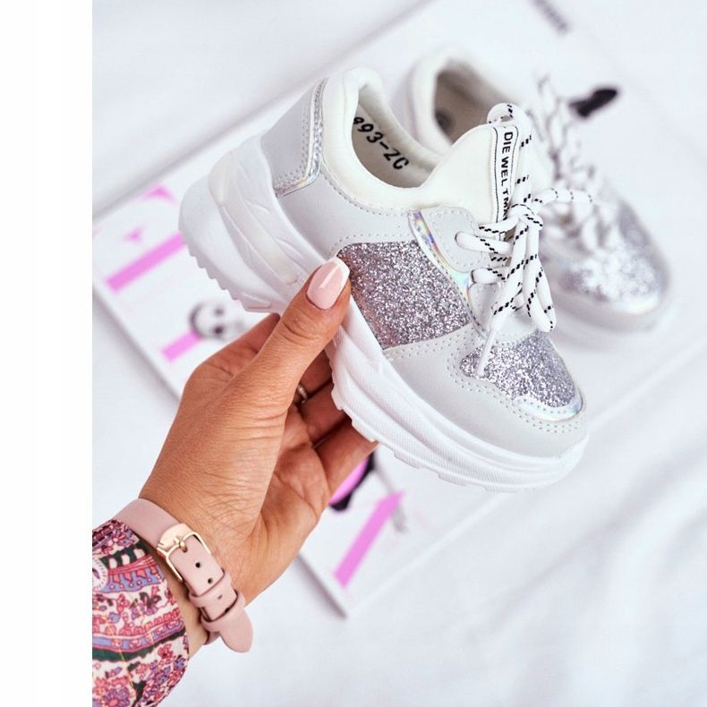 FRROCK Pantofi sport pentru copii cu brocart argintiu Matylda alb gri 2