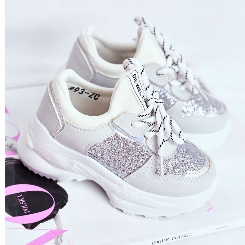 FRROCK Pantofi sport pentru copii cu brocart argintiu Matylda alb gri 1