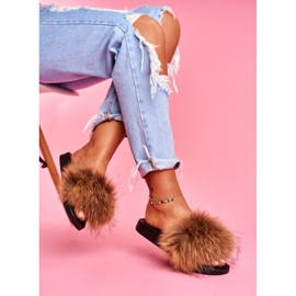 Papuci de damă cu blană naturală Camel Naturis maro 1
