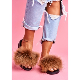 Papuci de damă cu blană naturală Camel Naturis maro 2