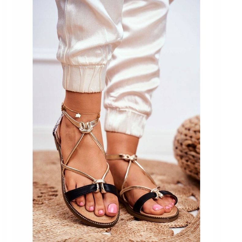 S.Barski Sandale de damă plate negre și aurii Barski Samim negru galben 1