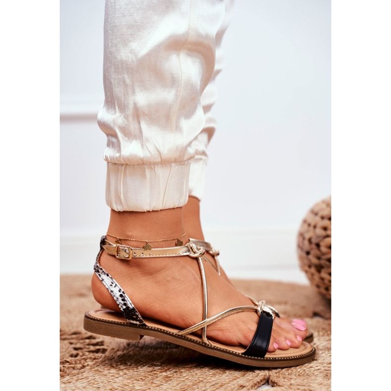 S.Barski Sandale de damă plate negre și aurii Barski Samim negru galben 2