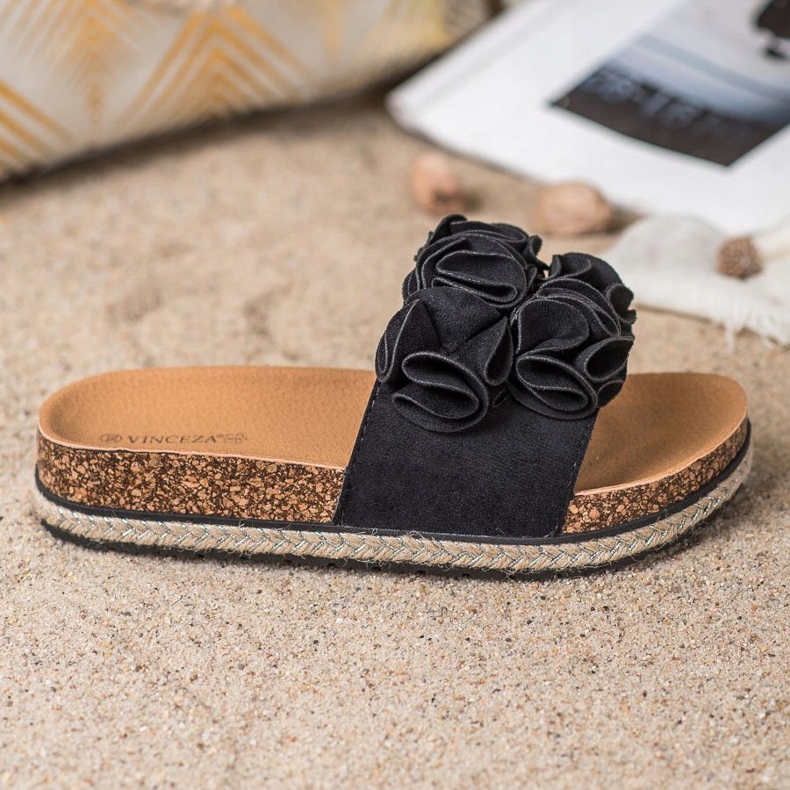 Papuci confortabili cu flori VINCEZA negru 2 Papuci confortabili cu flori VINCEZA negru 2